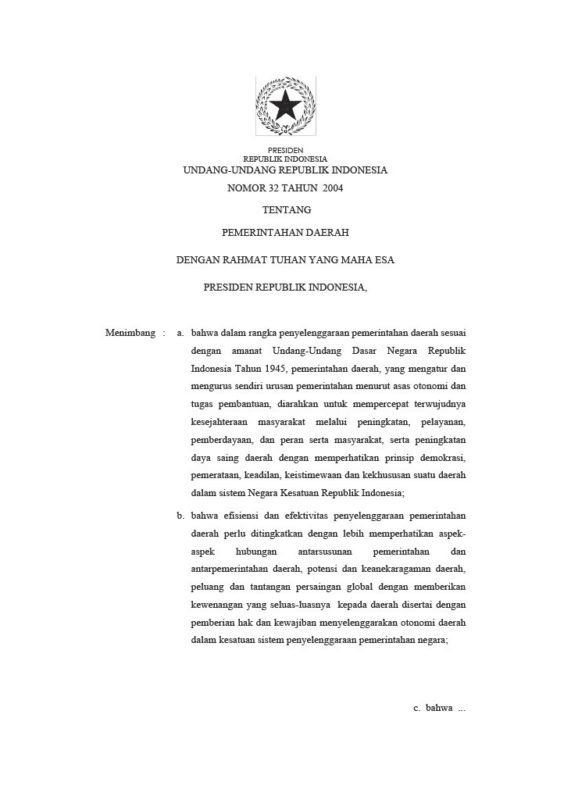 Undang-Undang Nomor 32 Tahun 2004 Tentang Pemerintahan Daerah – Kompaspedia