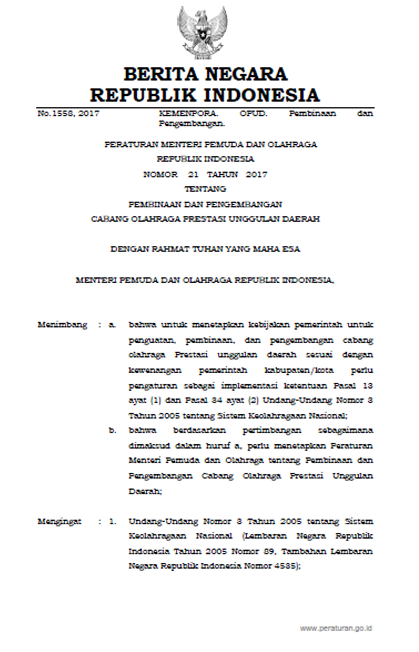 Permenpora Tentang Pembinaan Dan Pengembangan Cabang Olahraga Prestasi ...