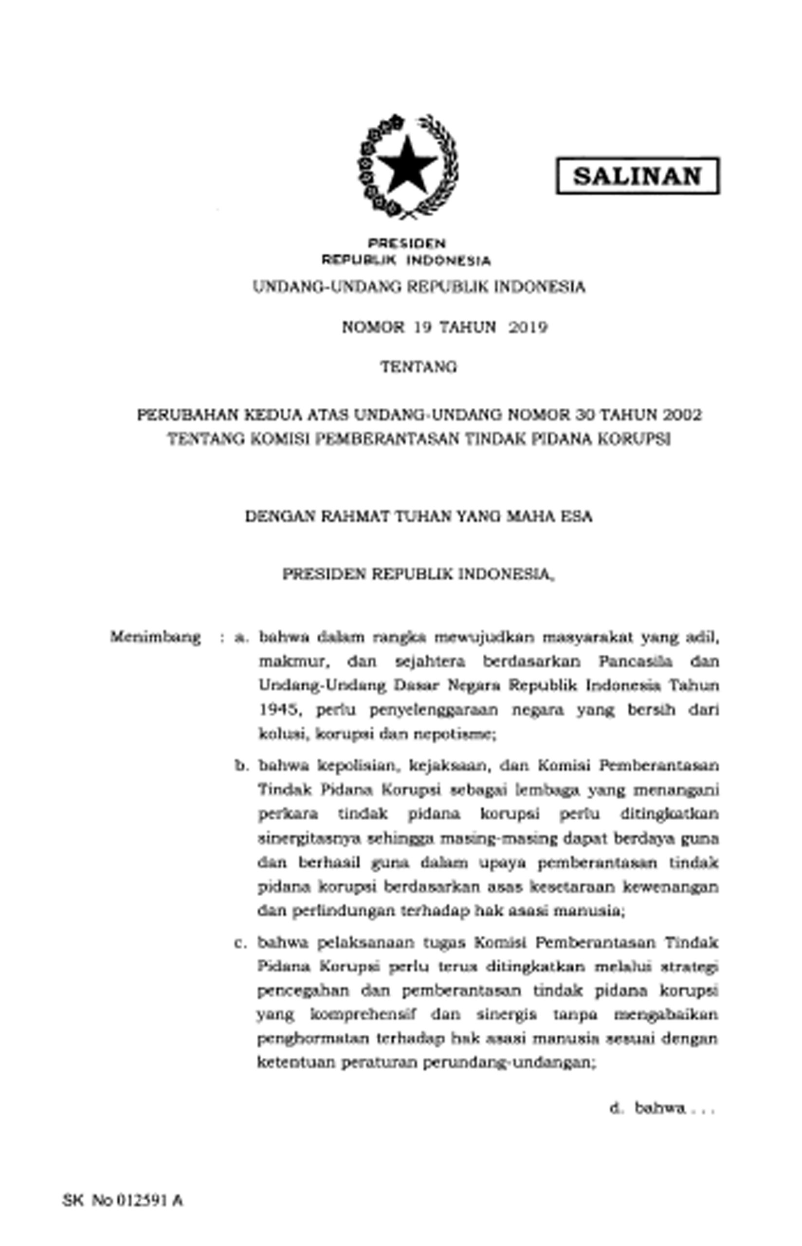 Undang-Undang Tentang Komisi Pemberantasan Korupsi (KPK) Tahun 2019 ...