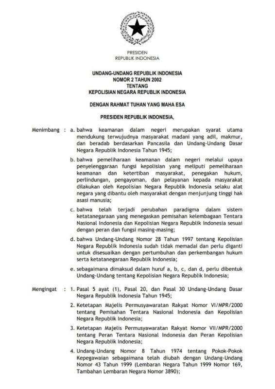 Undang-Undang Nomor 2 Tahun 2002 Tentang Kepolisian Negara Republik ...