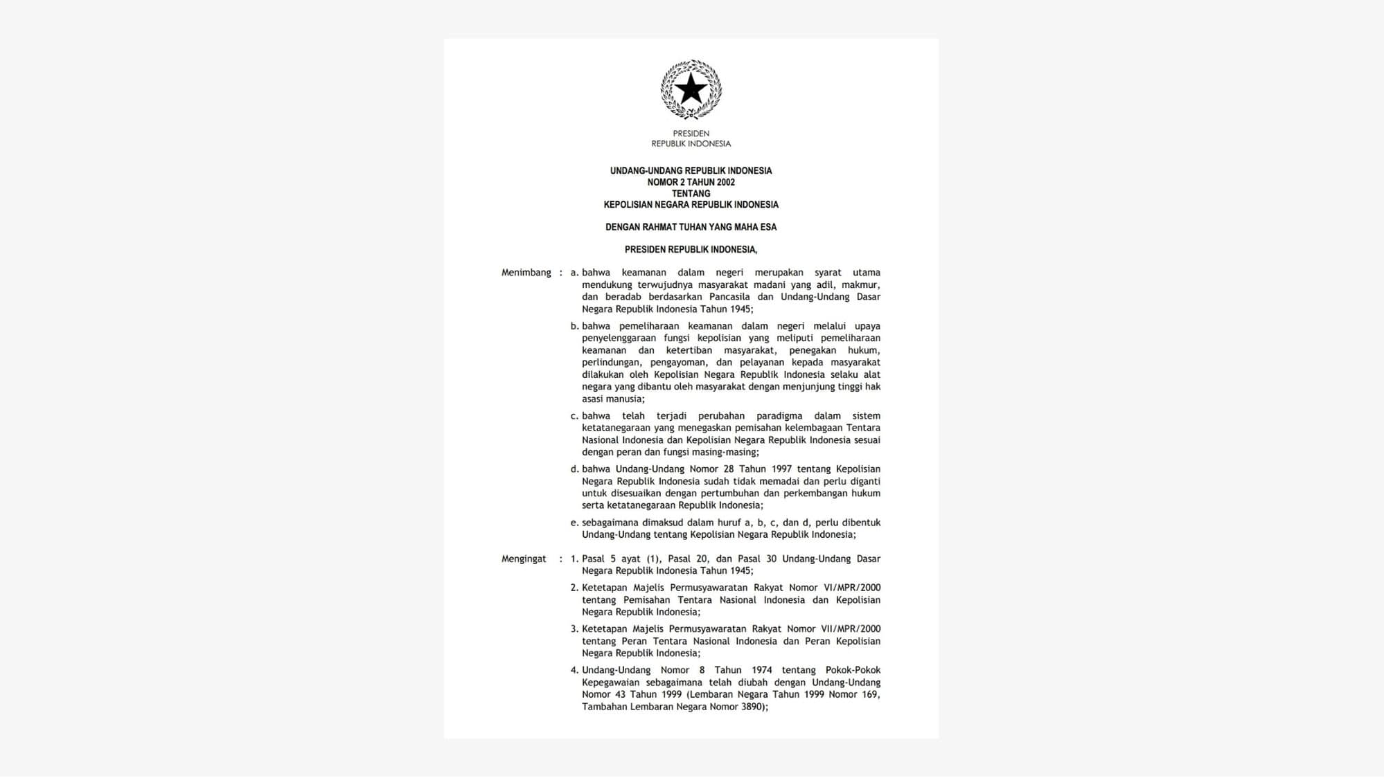 Undang-Undang Nomor 2 Tahun 2002 Tentang Kepolisian Negara Republik ...