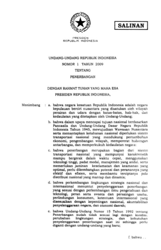 Undang-Undang Nomor 1 Tahun 2009 Tentang Penerbangan – Kompaspedia