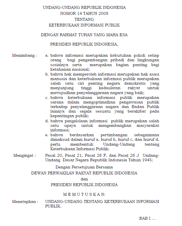 Undang-undang No 14 Tahun 2008 Tentang Keterbukaan Informasi Publik ...