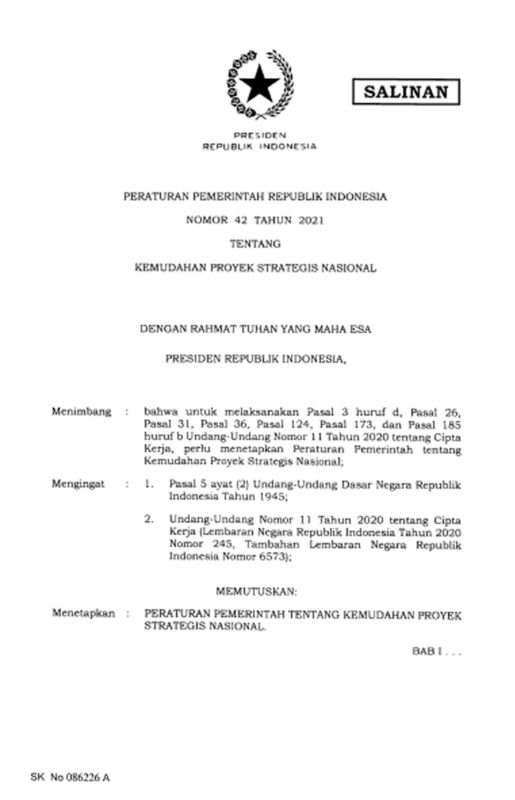 PP Nomor 42 Tahun 2021 Tentang Kemudahan Proyek Strategis Nasional ...